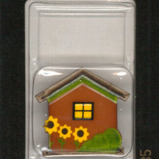 Button - 1585 - 30 mm - Brown - House with Sunfowers - by Dill B