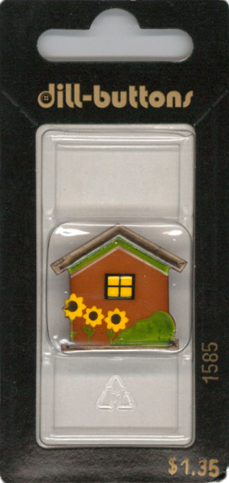 Button - 1585 - 30 mm - Brown - House with Sunfowers - by Dill B