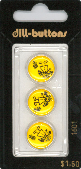 Button - 1601 - 15 mm - Yellow - Black Stick Person - by Dill Bu