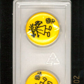 Button - 1602 - 18 mm - Yellow - Black Stick Person - by Dill Bu