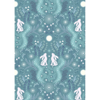 100% Cotton - A Winter's Moon - A947B - Winter Hare On Iced Aqua With Pearl - Lewis & Irene