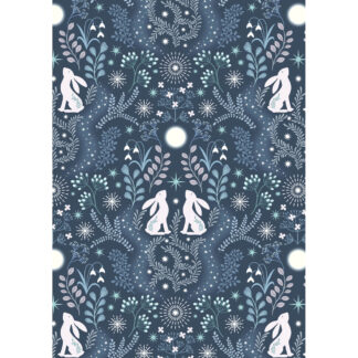 100% Cotton - A Winter's Moon - A947C - Winter Hare On Midnight Blue With Pearl - Lewis & Irene
