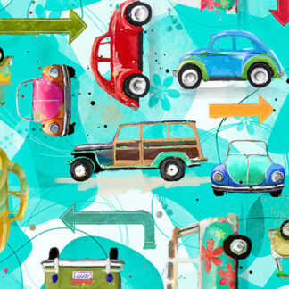 Road Trippin - 20885 - Keep on Truckin' - Turquoise - Connie Haley for 3Wishes Fabric